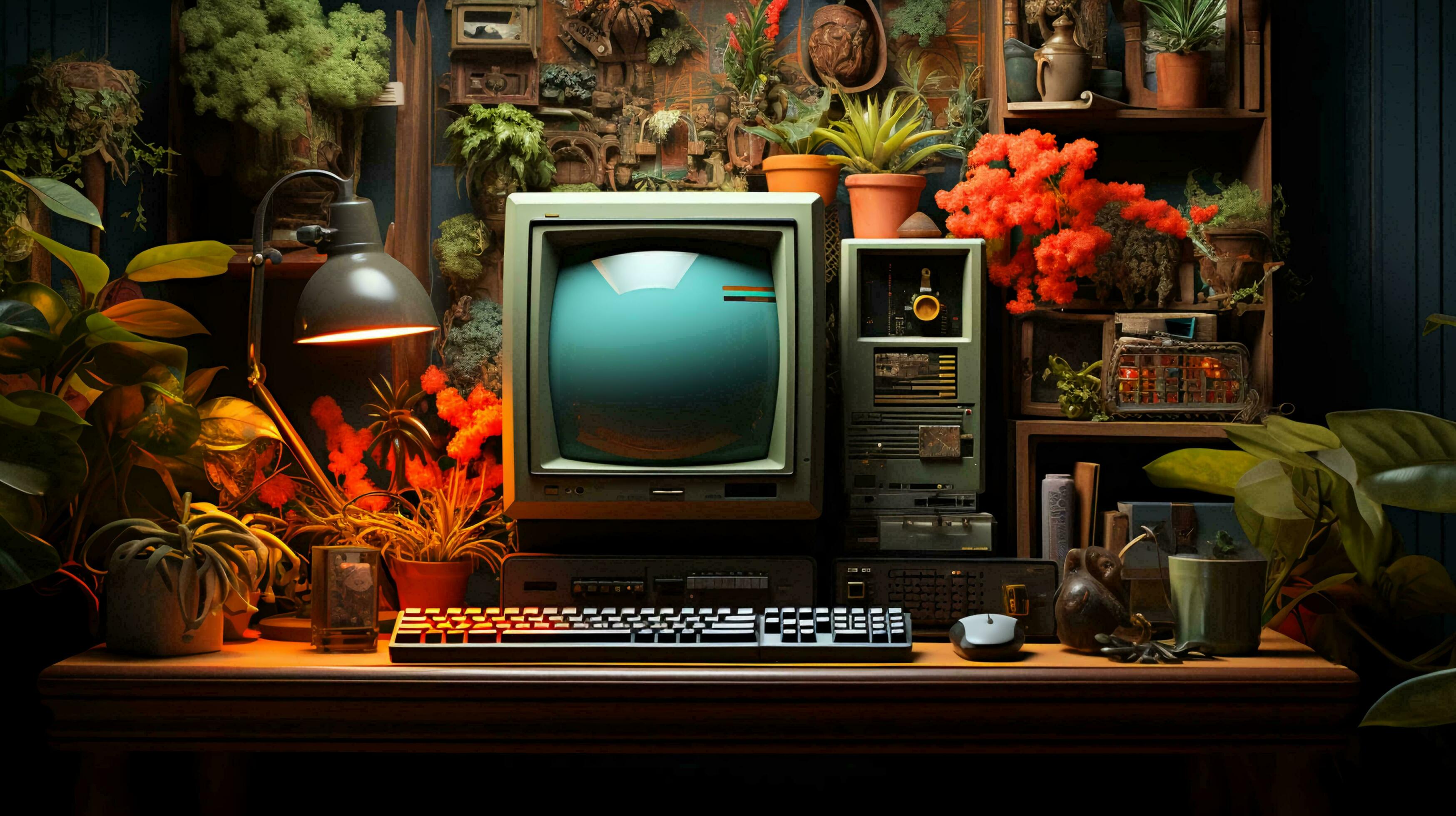 Old stylish vintage retro personal computer for video games and work poster from the 80s 90s Stock Free