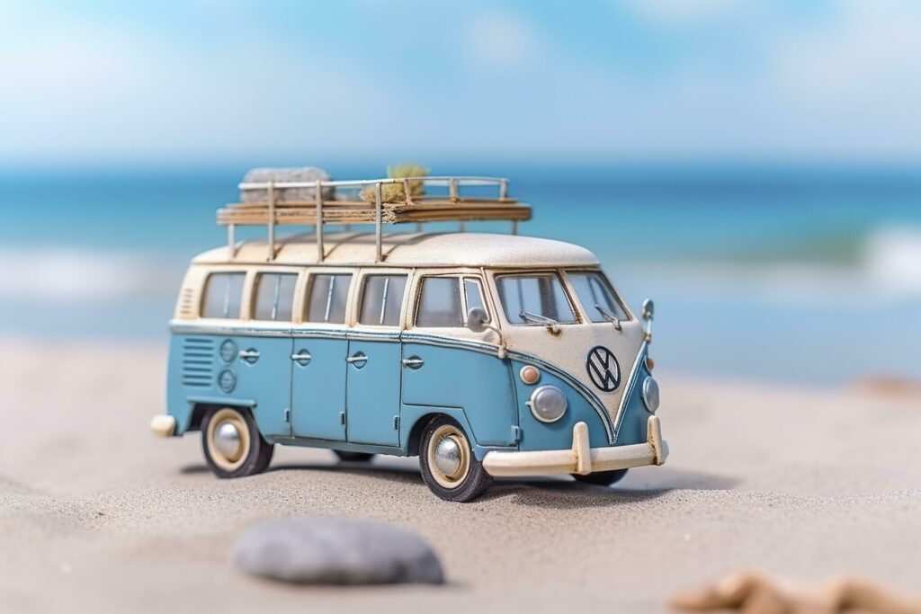 Summer travel, Blue car van with luggage for summer holidays, Beach sea view, Vacation, AI Generative Stock Free