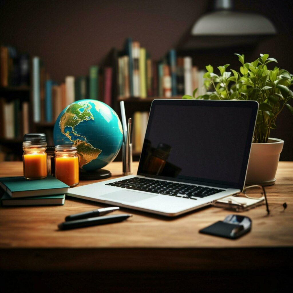 Distance education during quarantine home workspace, computer, and school supplies For Social Media Post Size AI Generated Stock Free