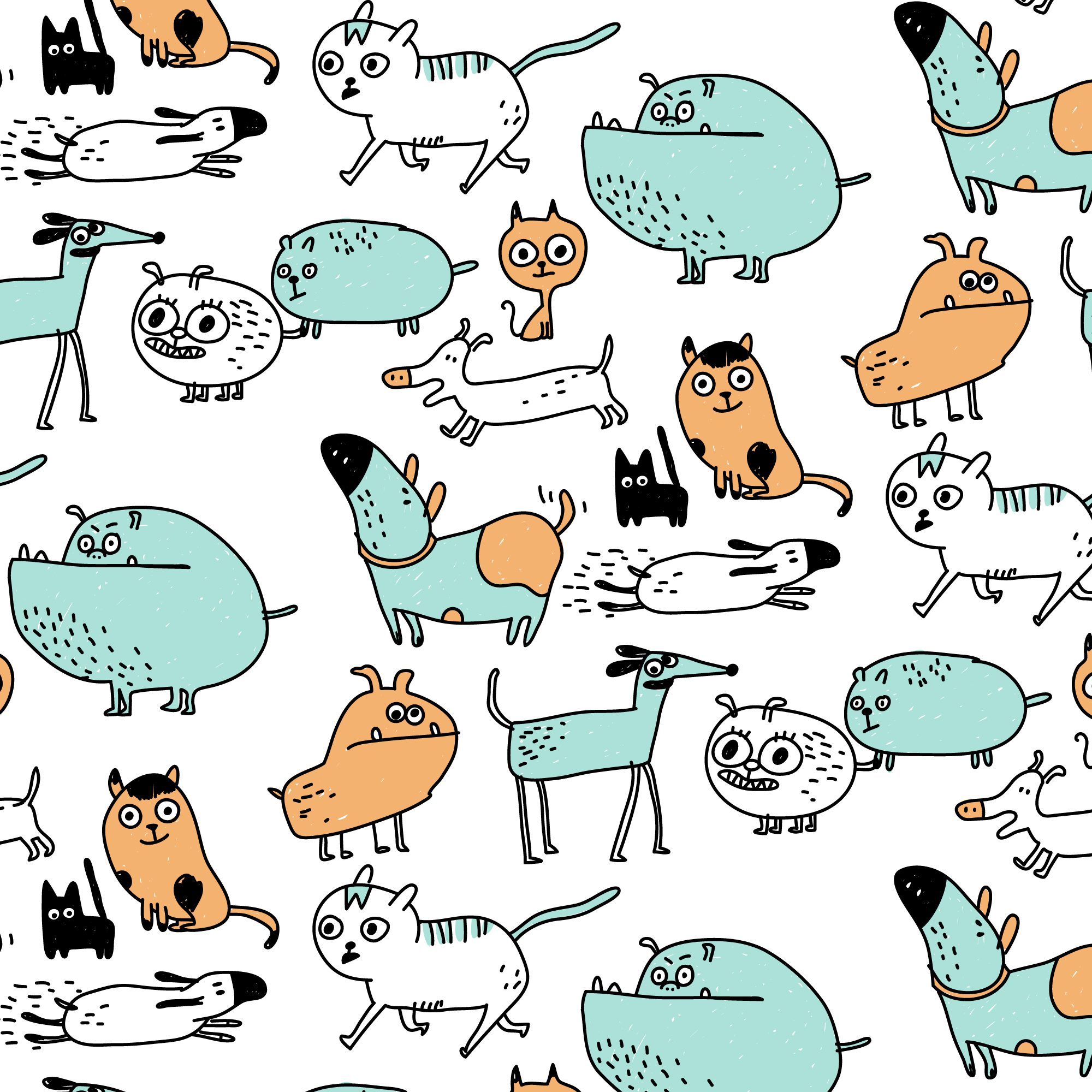 Hand drawn goofy cartoon dog and cat pattern Free Vector