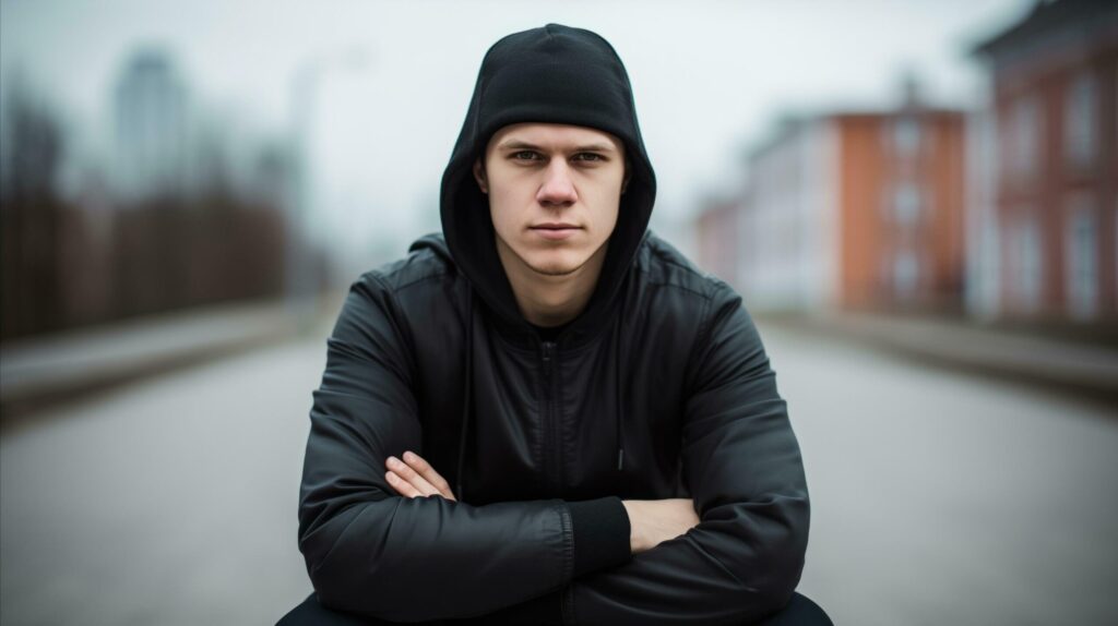 Young man sitting on the street wearing a hooded jacket. Generative AI Free Photo