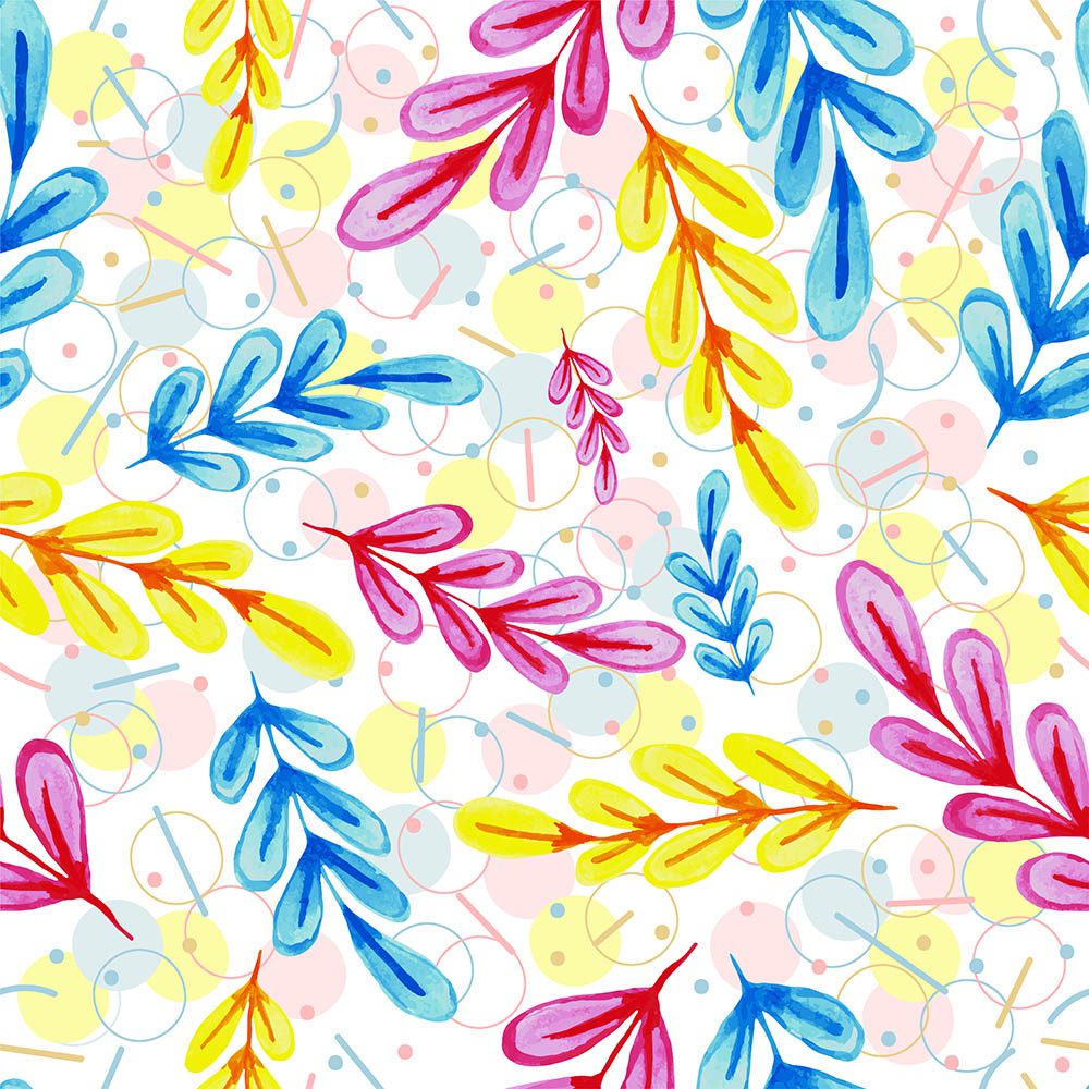 Colorful Floral Pattern with Watercolor Leaves Free Vector