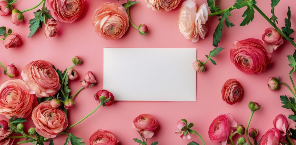 Pink Ranunculus Flowers Arranged in a Border on a Pink Background Stock Free