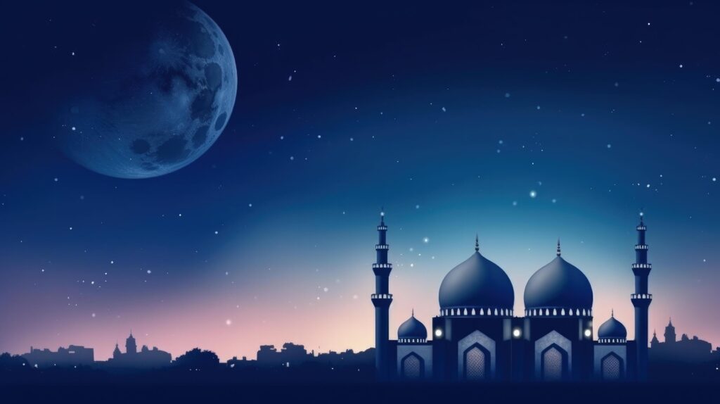 Mosques Dome on dark blue twilight sky and Crescent Moon on background Illustration Stock Free