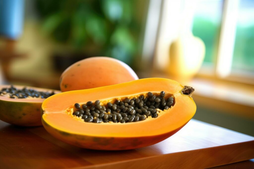 papayas fruit in The kitchen table Food Photography AI Generated Stock Free