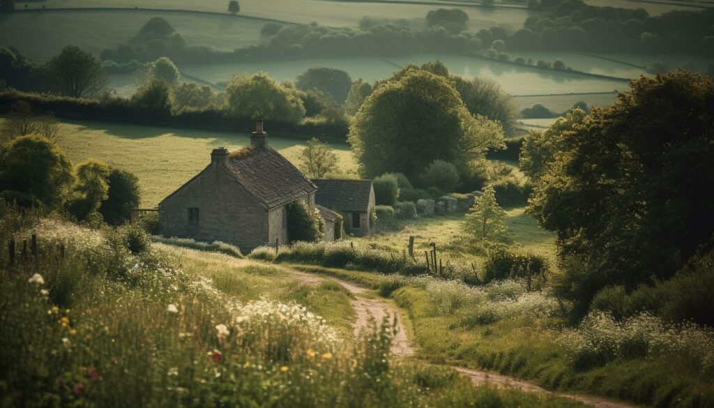 Old farmhouse in tranquil meadow surrounded by nature generated by AI Stock Free