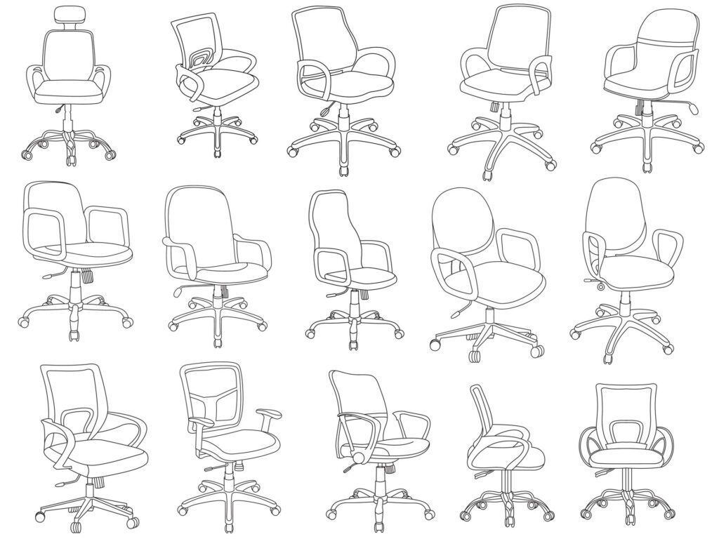 Stylish modern office chair, assorted set of office chairs, Vector minimal office chairs angle view isolated on white background. Free Vector