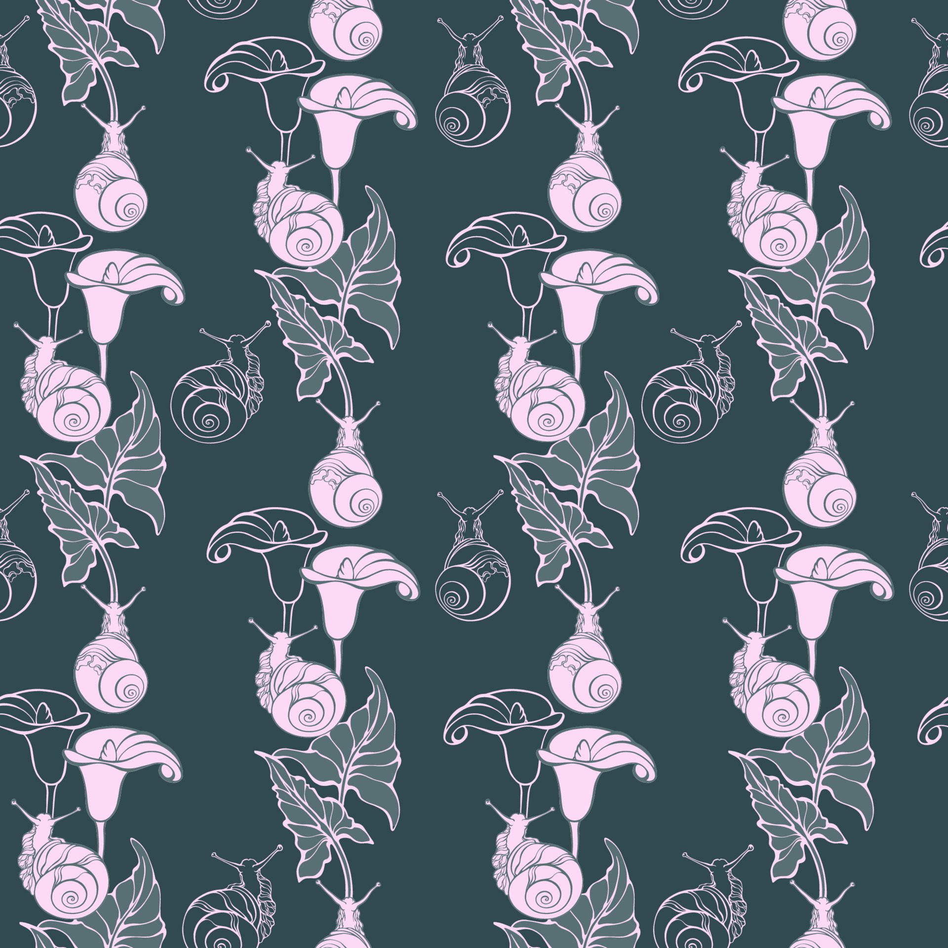 Snails and lilies. Seamless pattern with snail and flower. Vector illustration. Free Vector