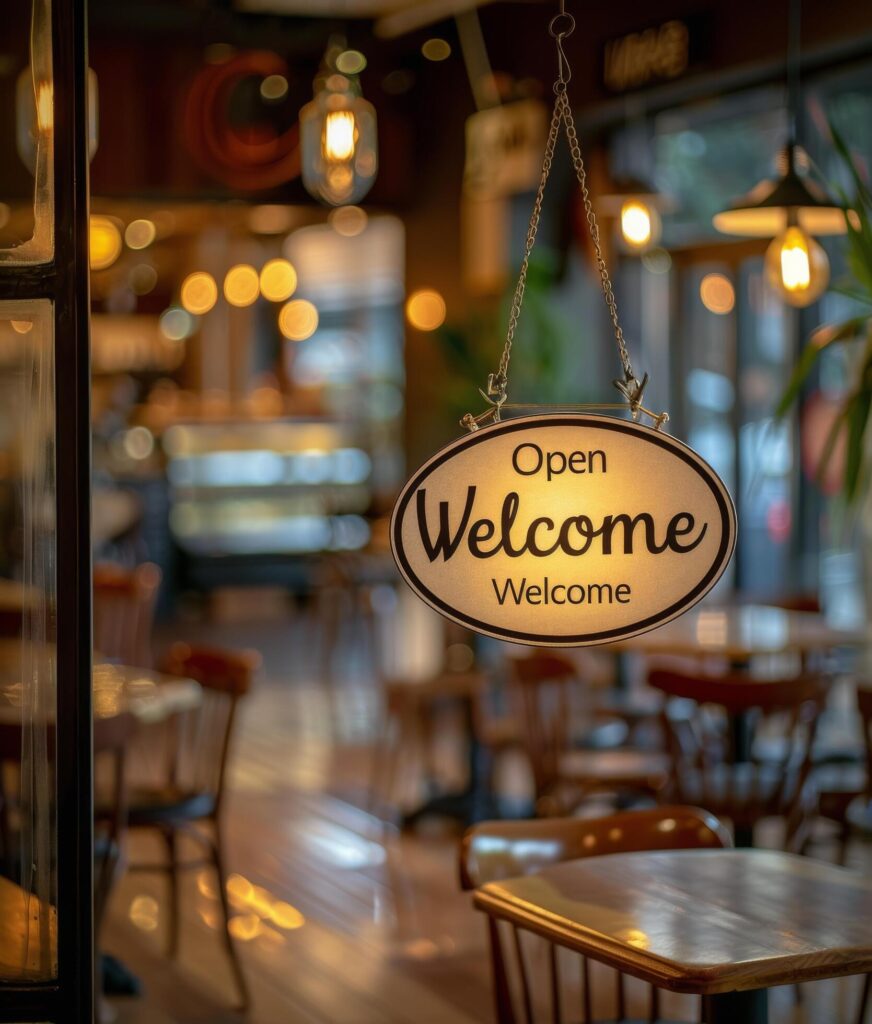 Wooden Open Sign Hanging on Glass Door of a Business Stock Free