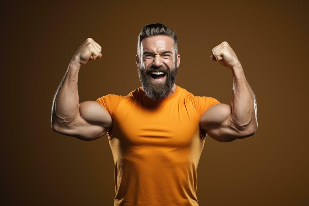 AI generated fitness man show his muscles on brown background with Generative AI Stock Free