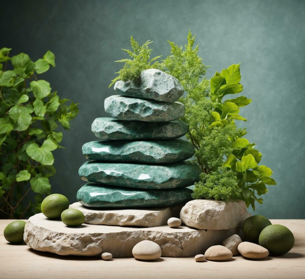 stack of stones with green plants on wooden table and grunge background Free Photo