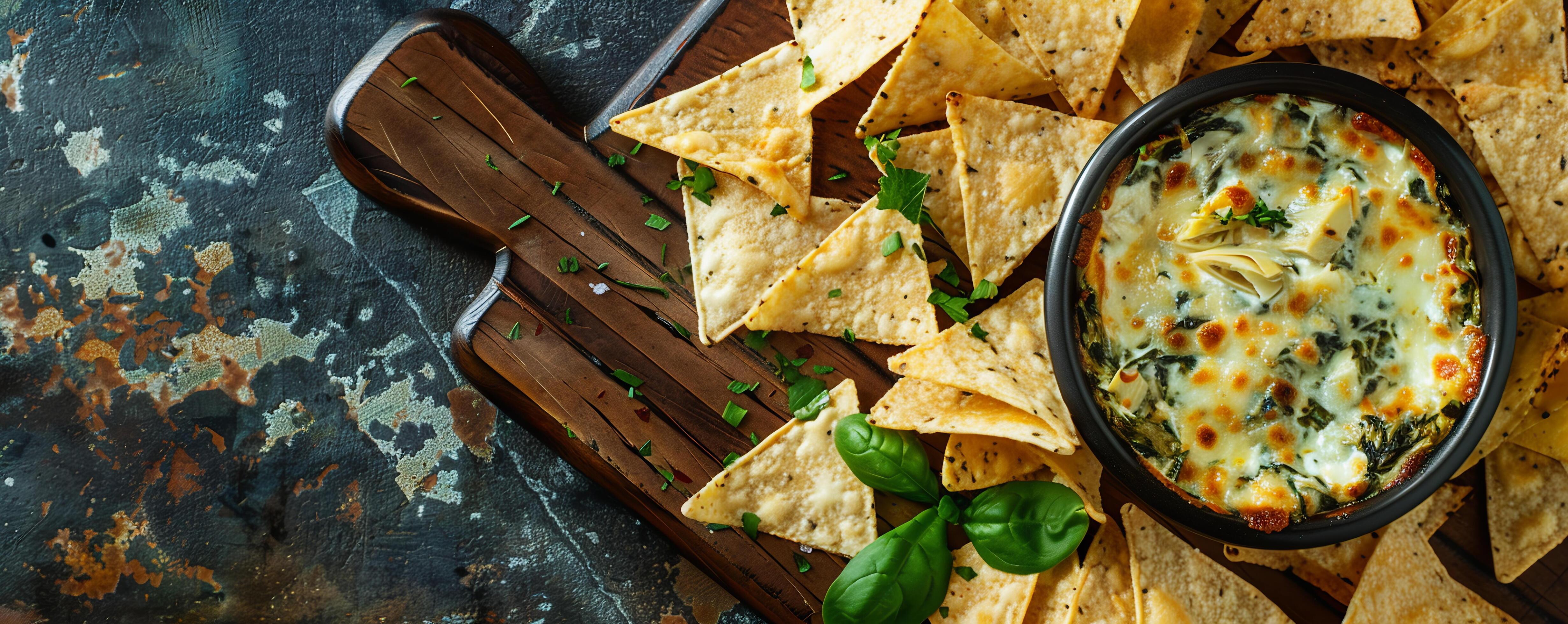 Cheesy spinach and artichoke dip served with tortilla chips for dipping. Stock Free