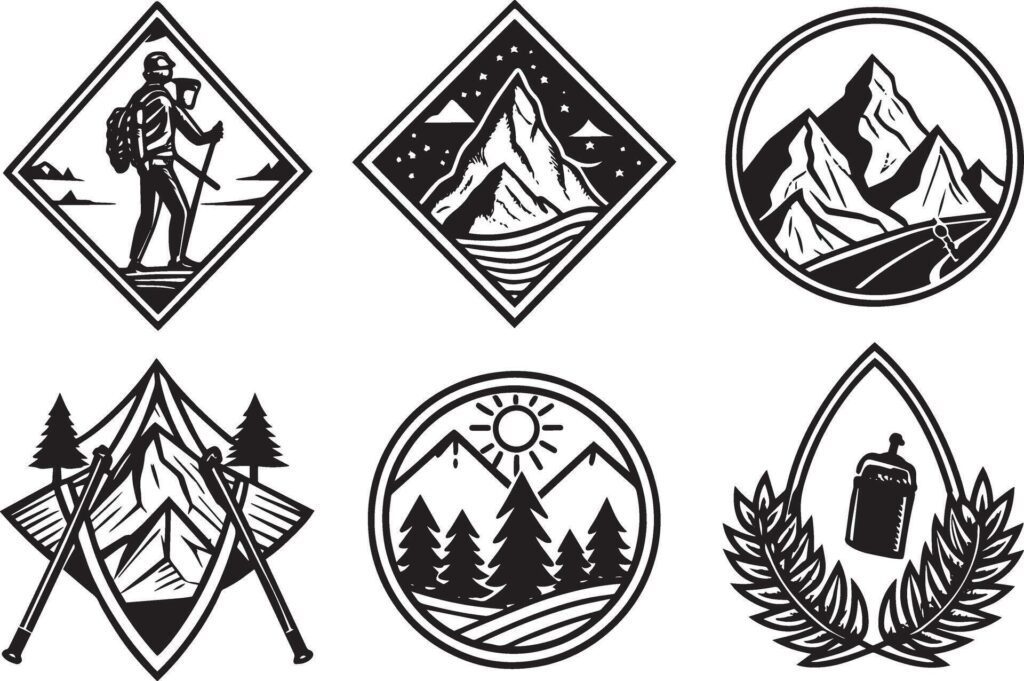 Set of mountain icon emblems in black and white. illustration. Stock Free