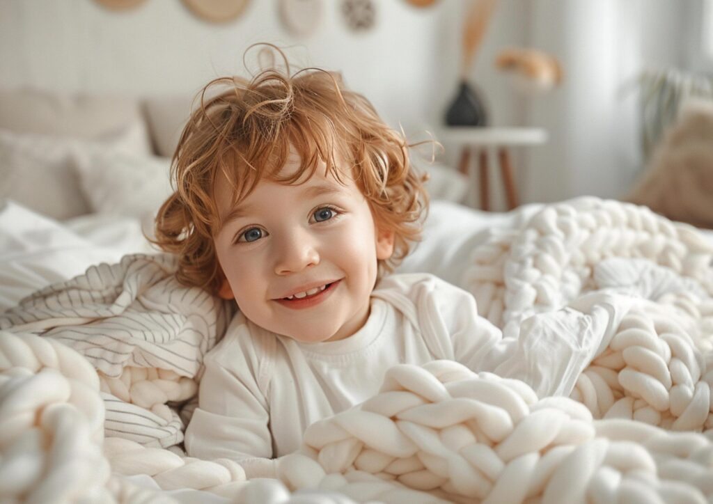 Cute Little boy in a white cloth lying in a bed in a bright bedroom generated by AI. Free Photo