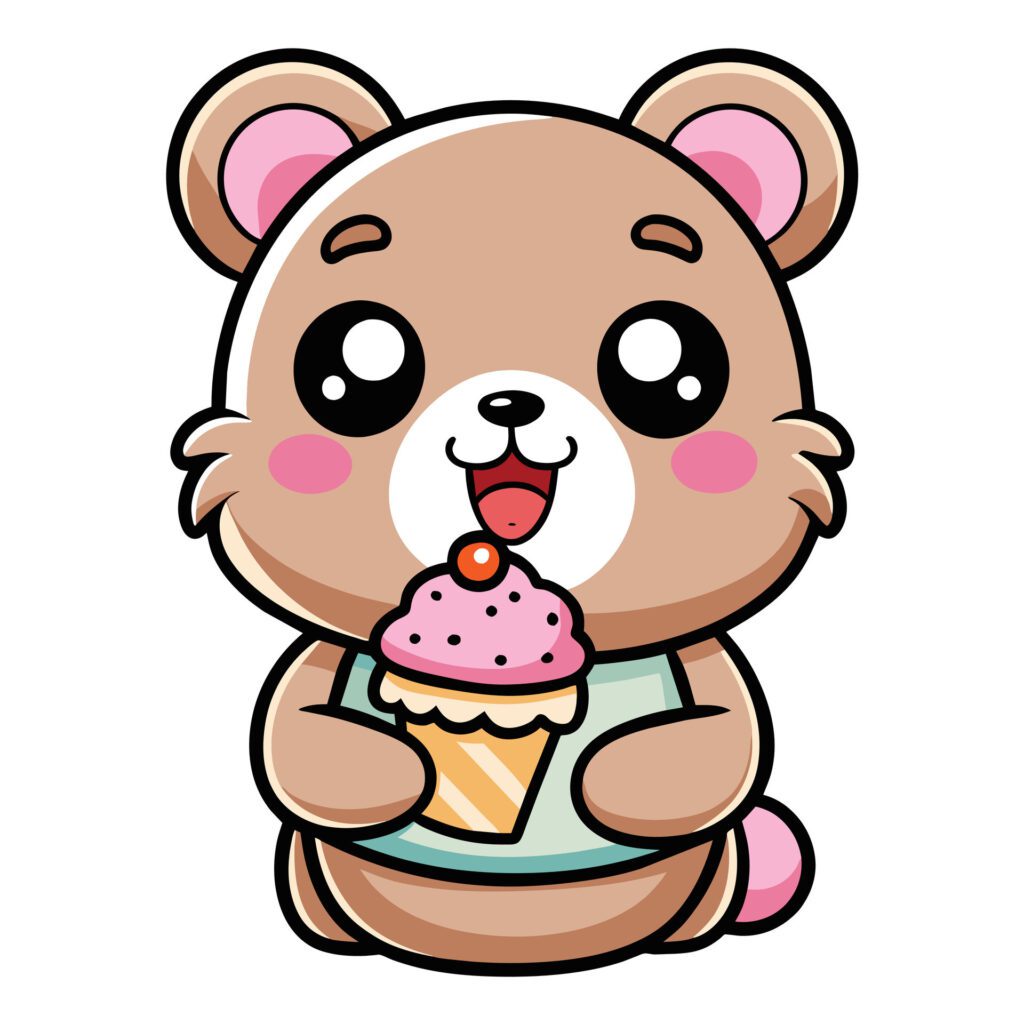 a cute kawaii bear eating ice cream, with clean black outlines, white background Free Vector