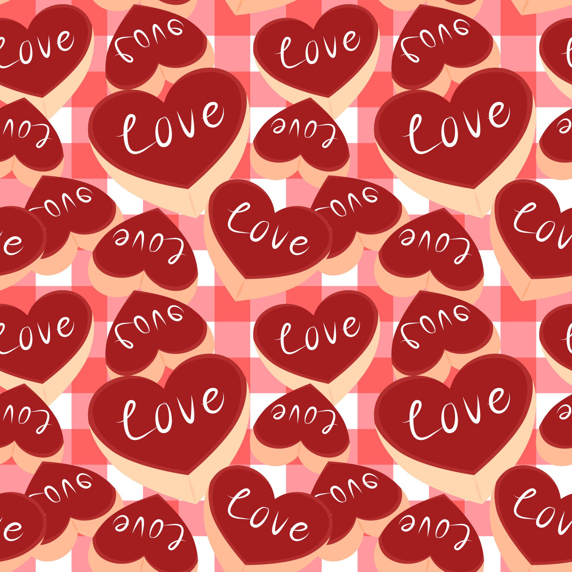 Heart cookies with loving words. Pink and white Scottish pattern background. Seamless wrapping paper pattern. Free Vector and Free SVG