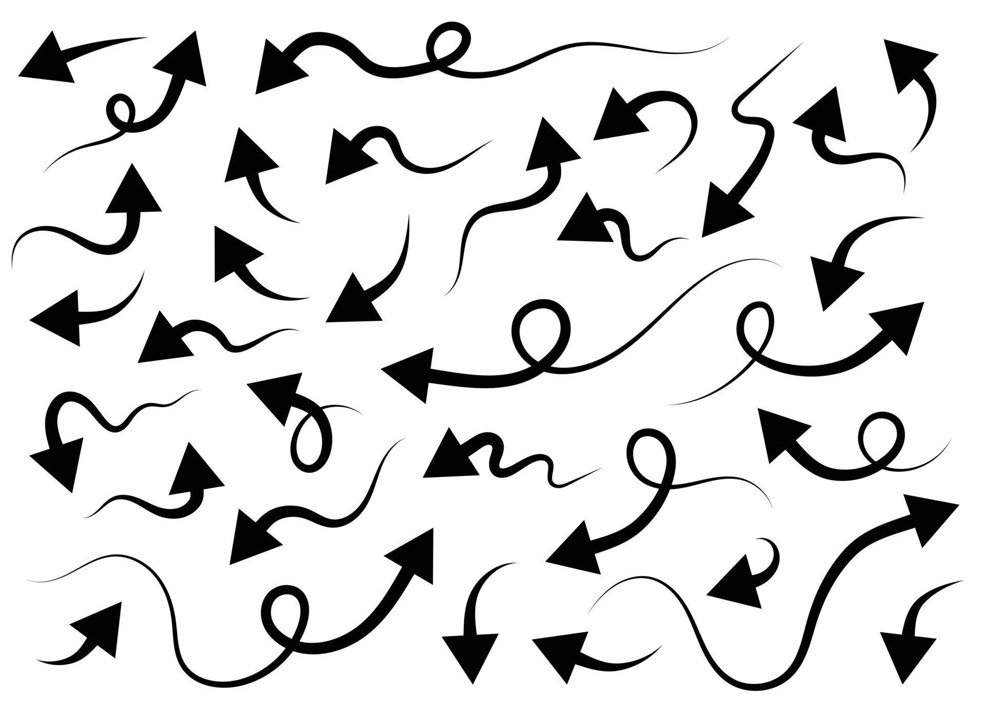 Hand drawn black curved arrow shape in doodle style. Arrow line set Stock Free