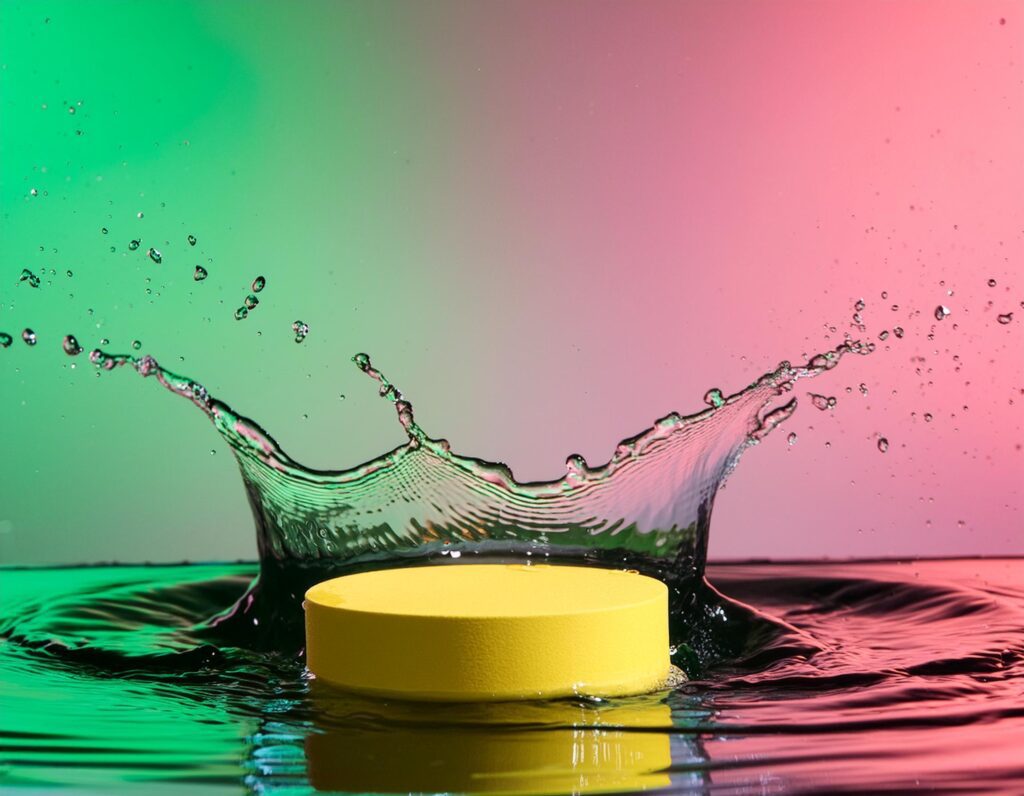 empty yellow podium mockup with water splash on a gradient background for product display Stock Free