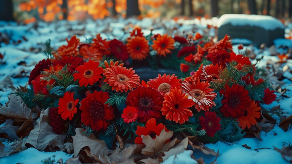 Vibrant red gerbera daisies in snowy scene with fallen leaves Free Photo