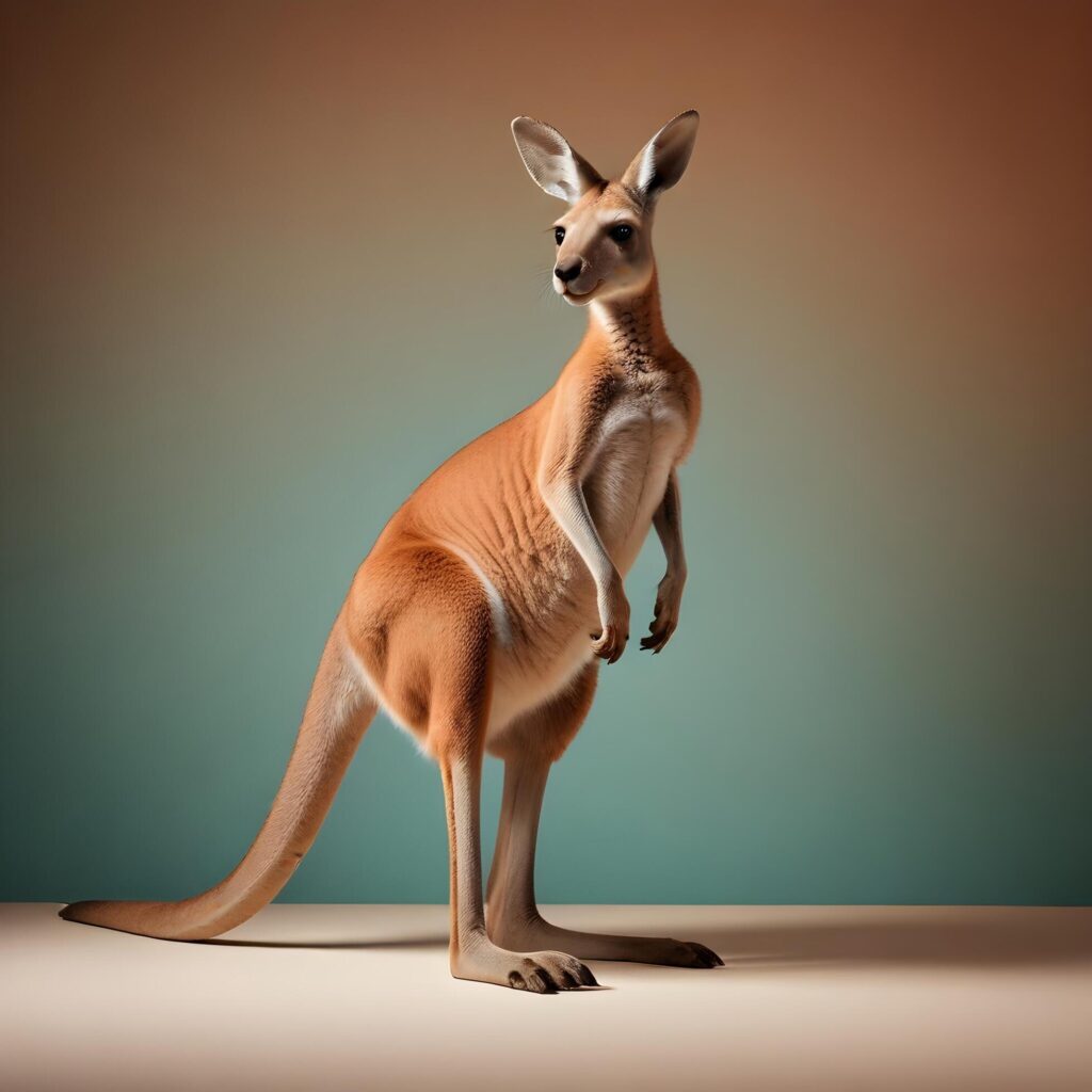 a kangaroo standing on its hind legs in front of a gray background Stock Free