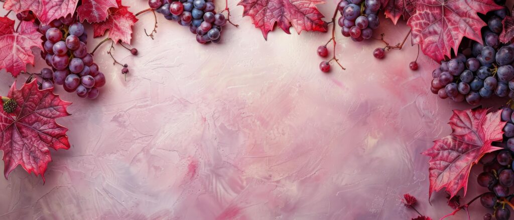 Fresh Grape Clusters and Red Autumn Leaves on Pink Background Stock Free