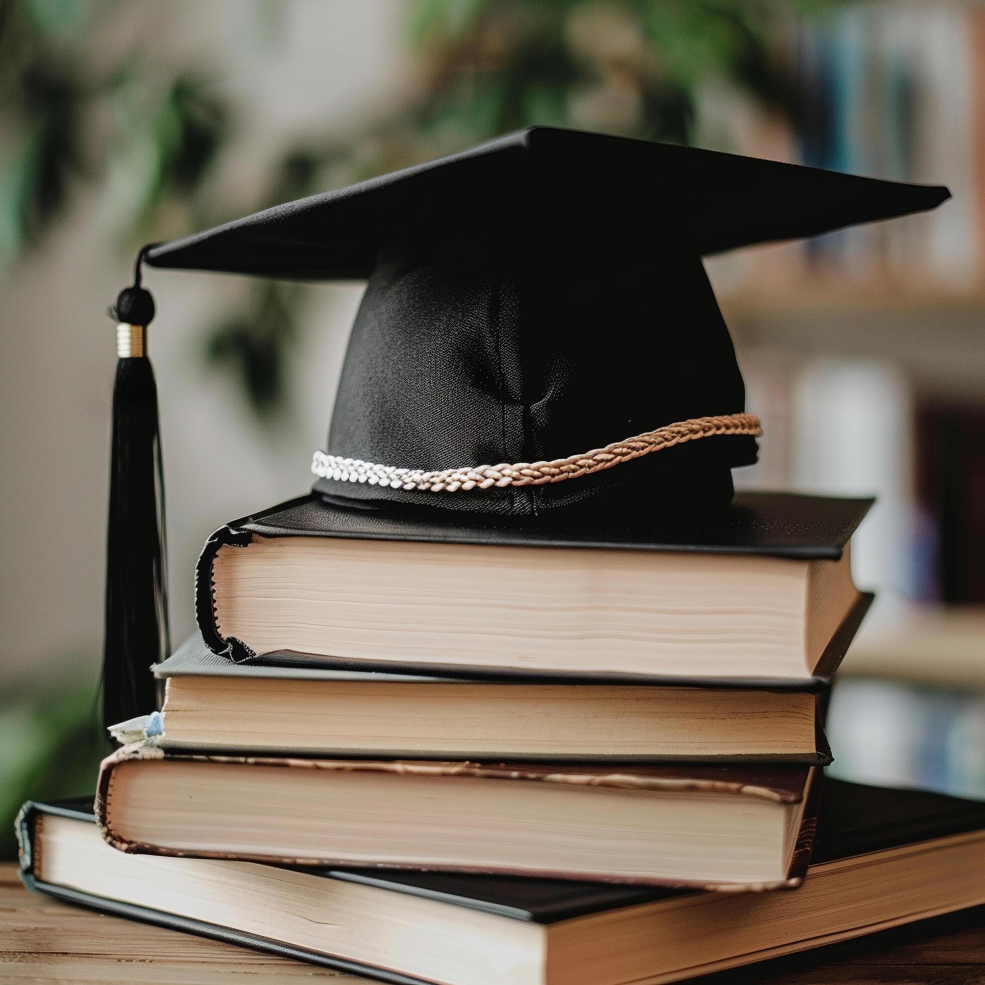 A graduation bachelor cap on a stack of book, knowledge and education concept. Stock Free