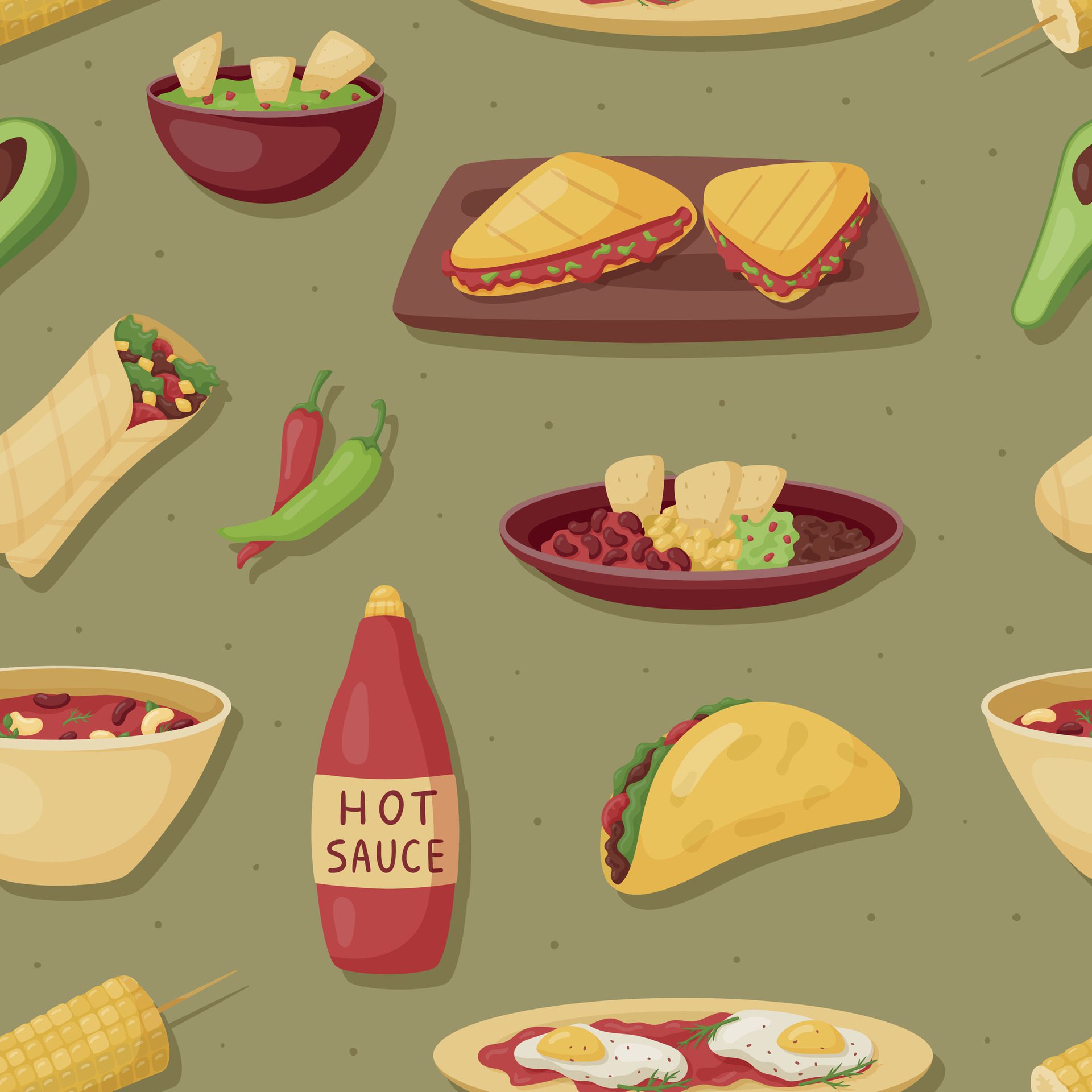 seamless pattern with mexican food, nachos, hot sauces, tortillas. Latin American spicy fast food. Free Vector