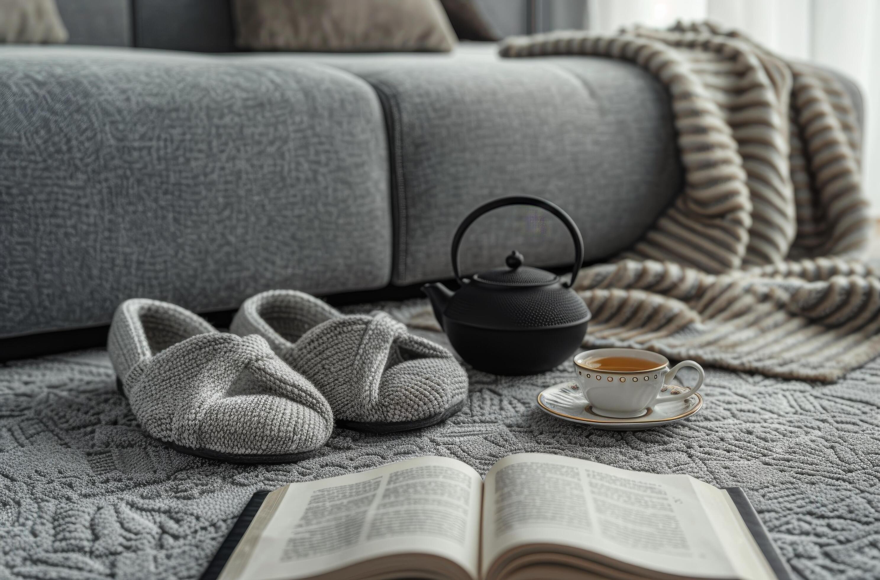 Cozy Living Room With Grey Slippers, Teapot, and Open Book Stock Free