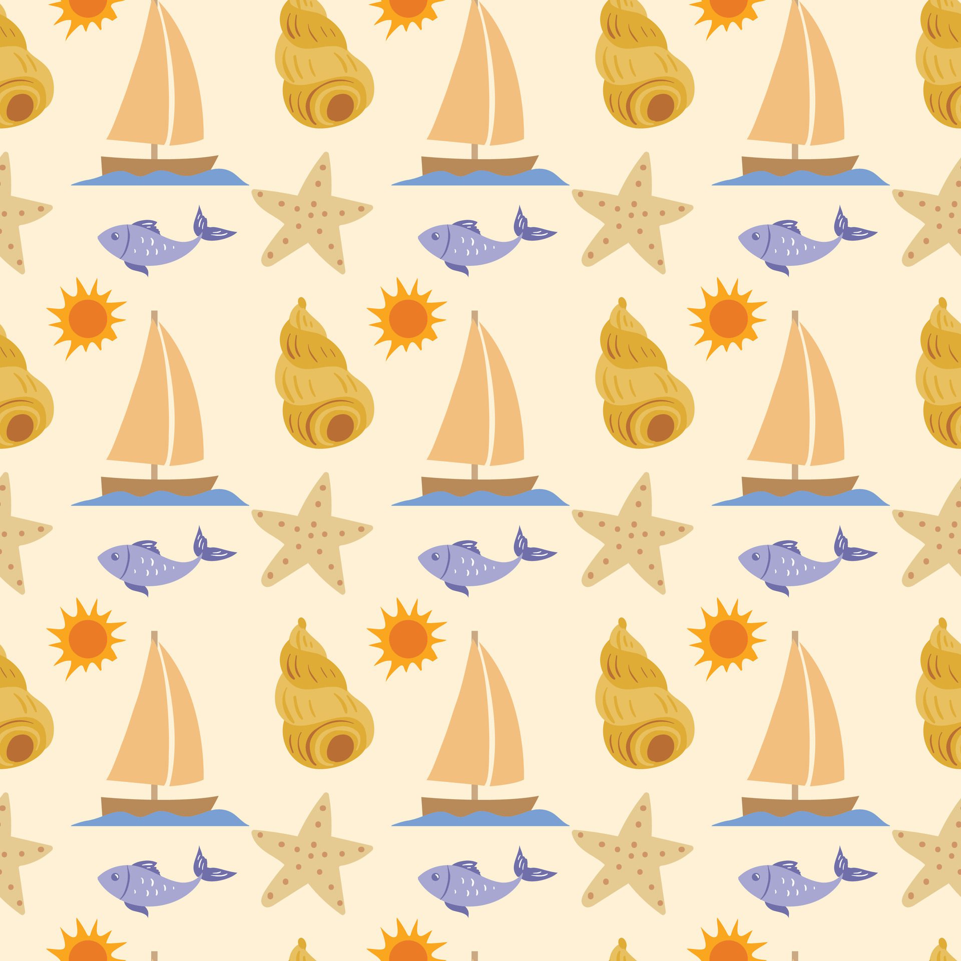 Starfish, boat and seashell seamless beach pattern Free Vector