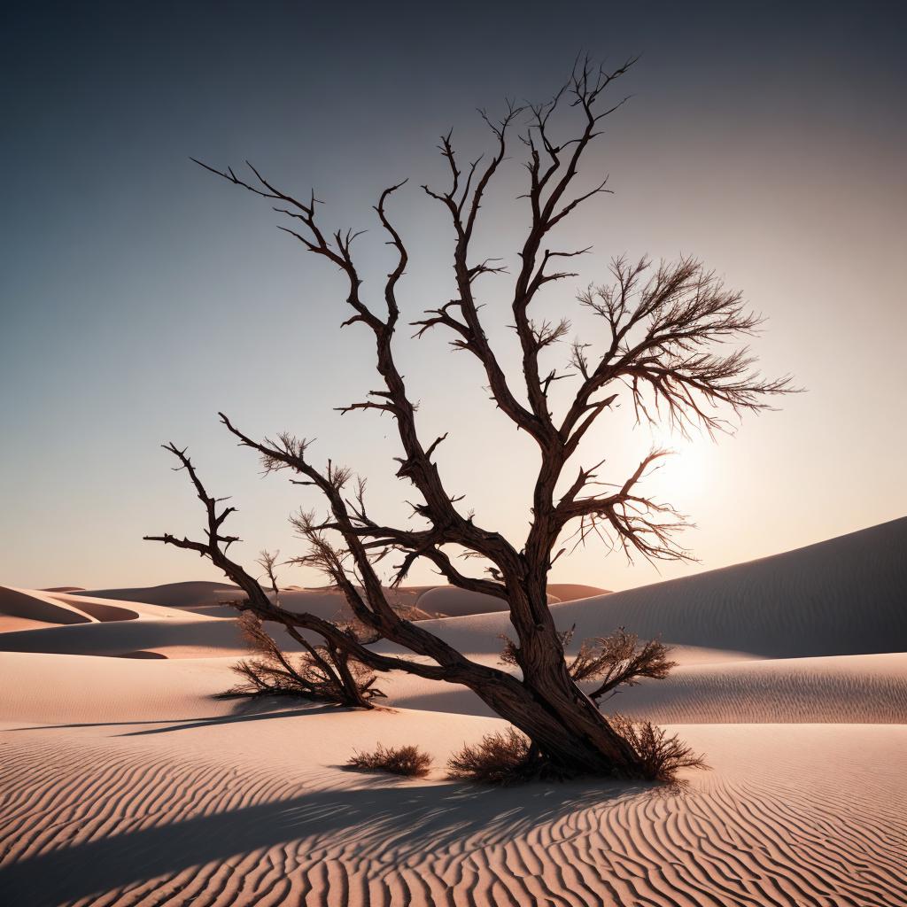 White sands, dead tree, by @ai_generated