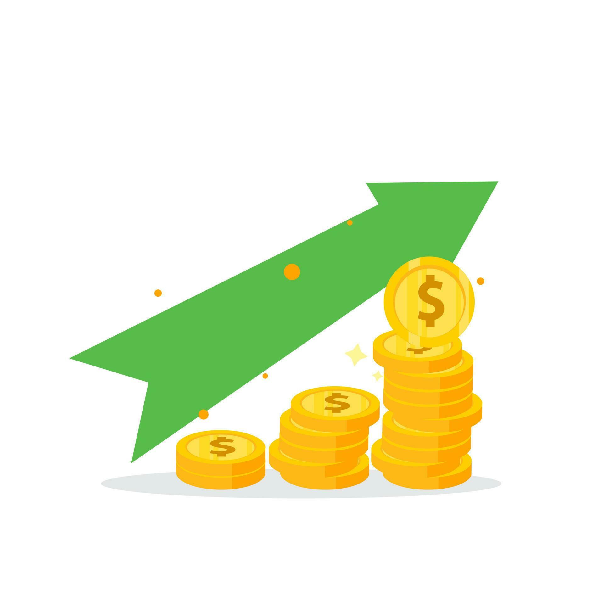 golden dollar coins stack and up arrow. Flat vector icon isolated on white. Economy, finance, money symbol. Currency pictogram. Vector illustration. decrease Stock Free