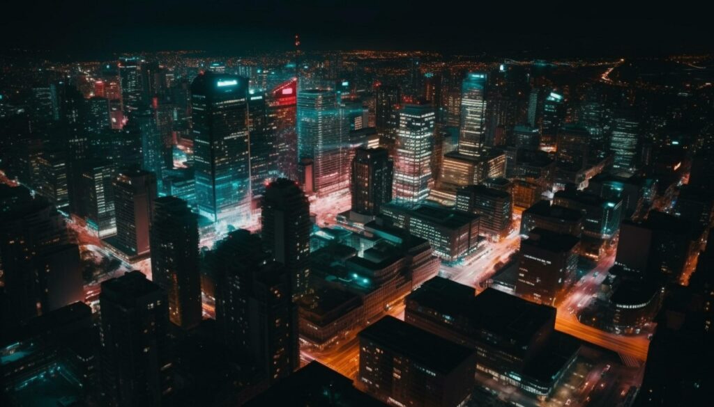 Illuminated skyscrapers light up the city at night generated by AI Stock Free