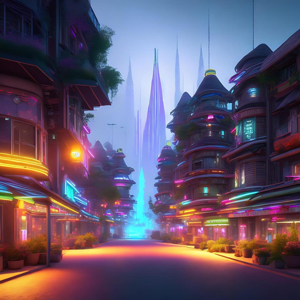 3D Photorealistic Future Neon-lit Village Illustration Stock Free