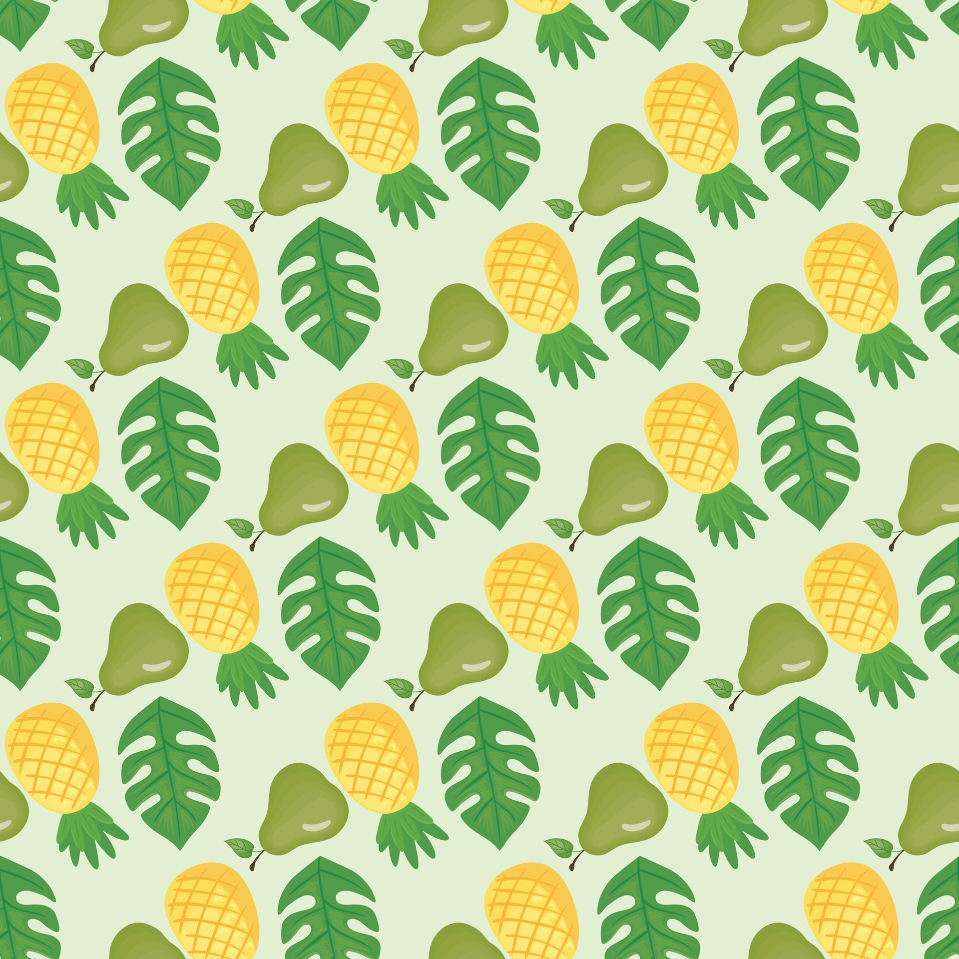 Tropical Fruits and monstera leaves Seamless Pattern Design Free Vector