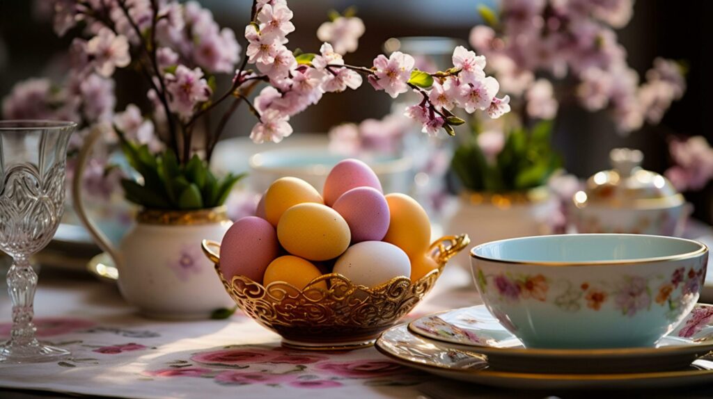 Easter table setting with colored eggs and crockery, selective focus Free Photo