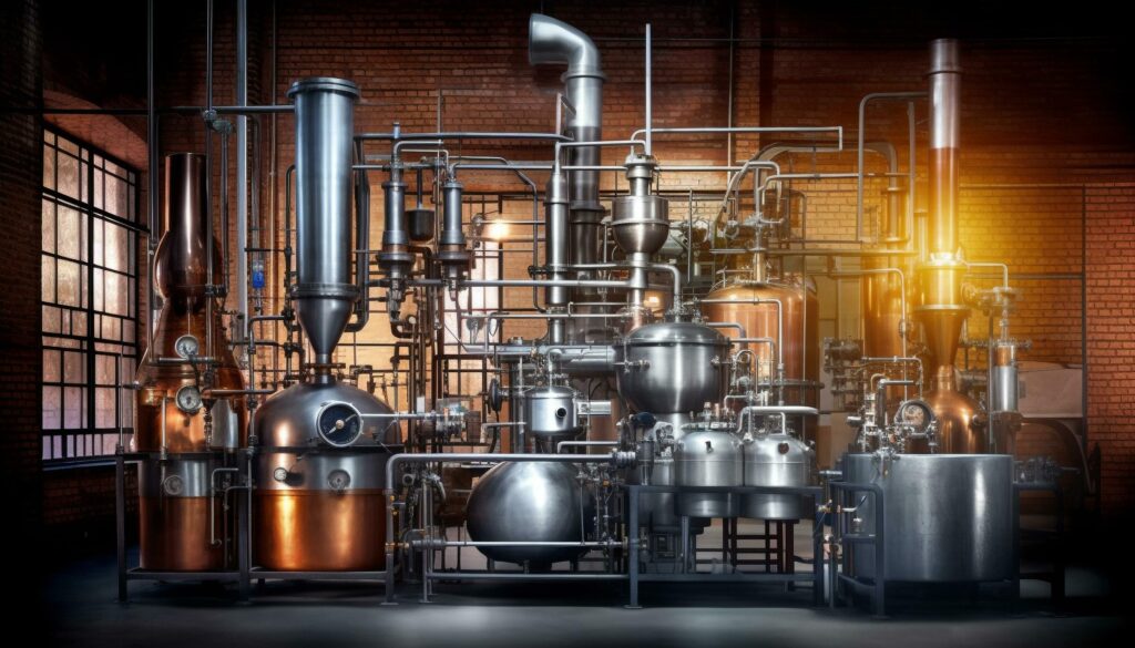 Modern industrial brewery built with stainless steel equipment and machinery generated by AI Stock Free