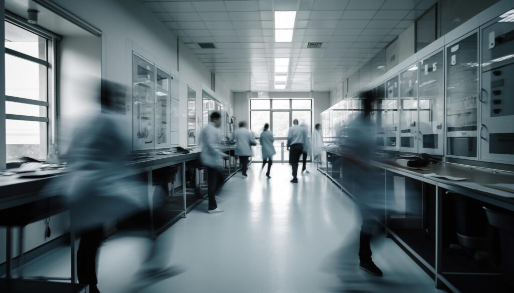 Busy office crowd walking through modern glass entrance hall generated by AI Stock Free