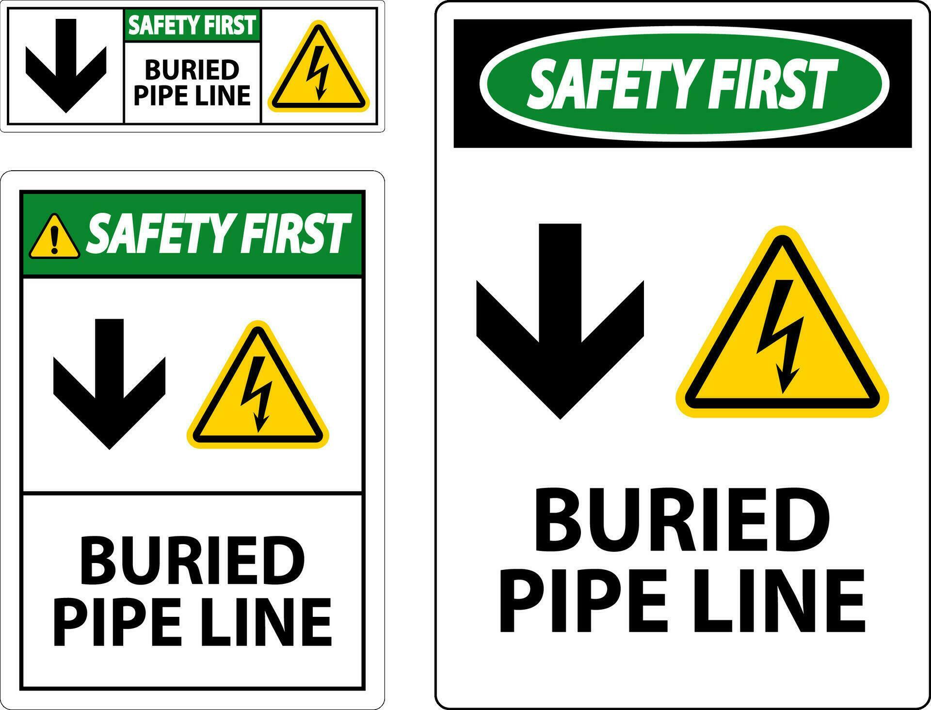 Safety First Sign Buried Pipe Line With Down Arrow and Electric Shock Symbol Stock Free