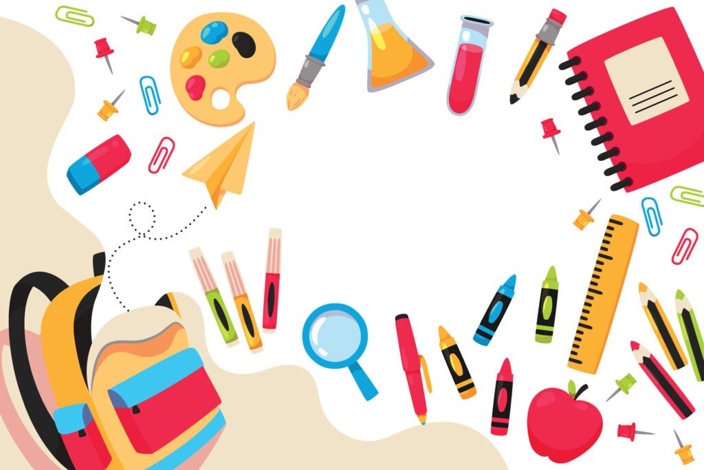 school supplies and backpacks are arranged around a white background Free Vector