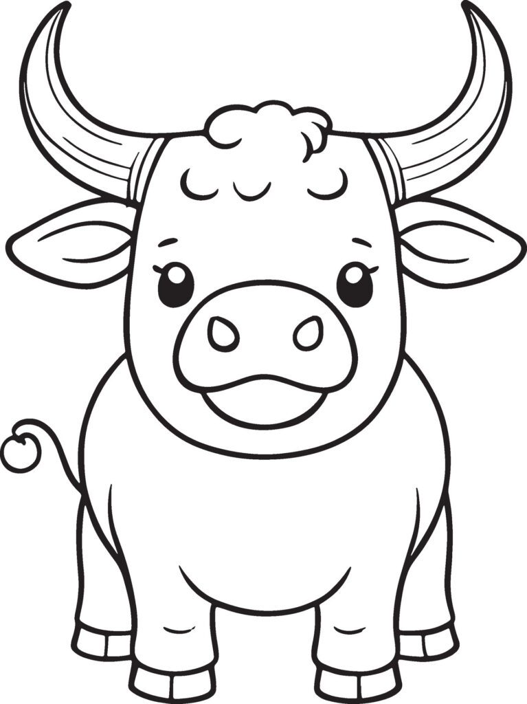 A cartoon cow with a big horn is standing on a white background Free Vector