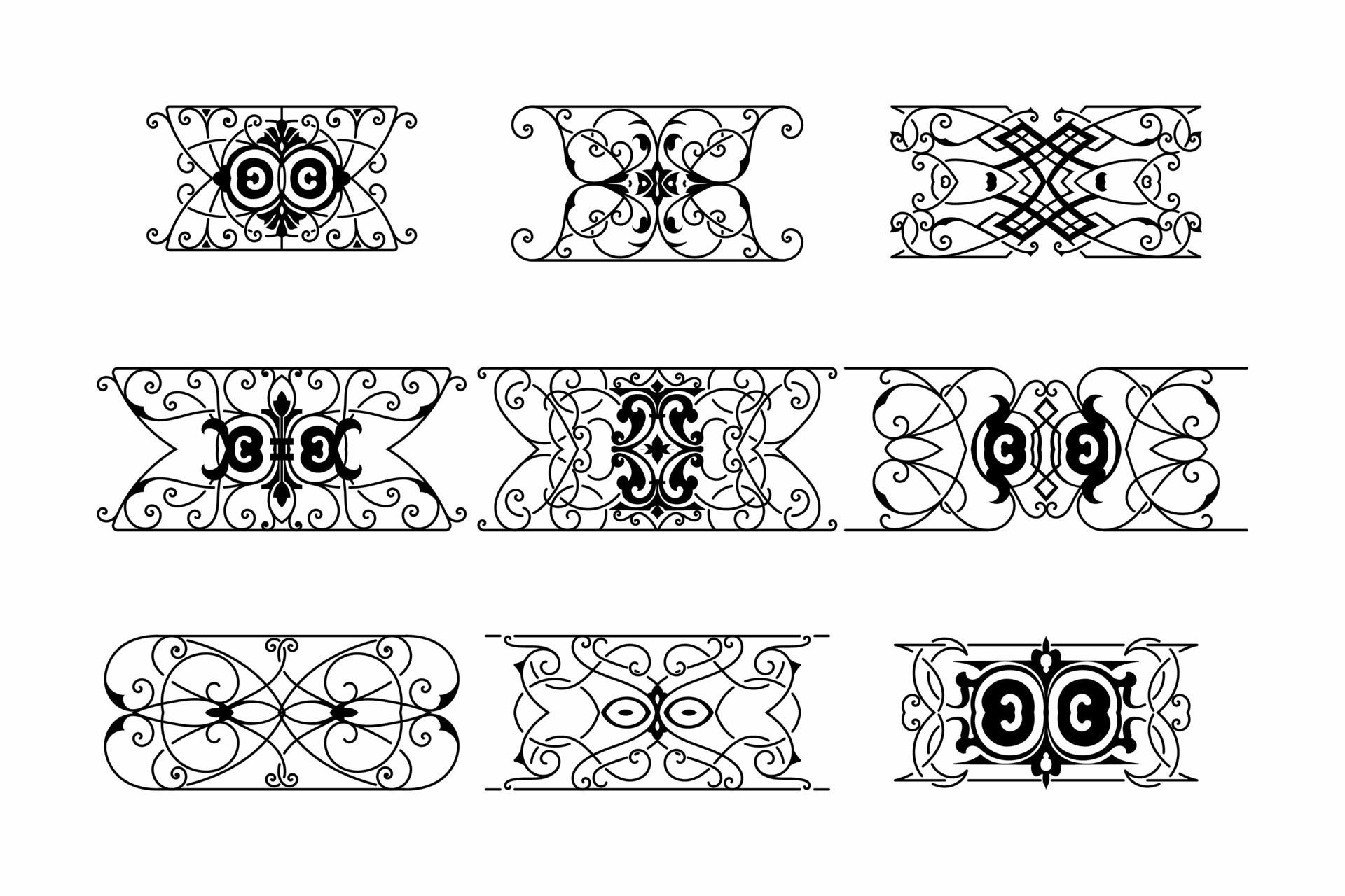 Vintage ornate seamless border vector set concept pattern in traditional style. curls and spirals ornament isolated on white background Free Vector and Free SVG
