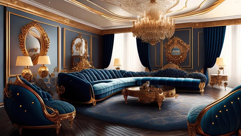 Luxury royal bedroom interior with golden walls, luxurious gold furniture and drapery. Stock Free