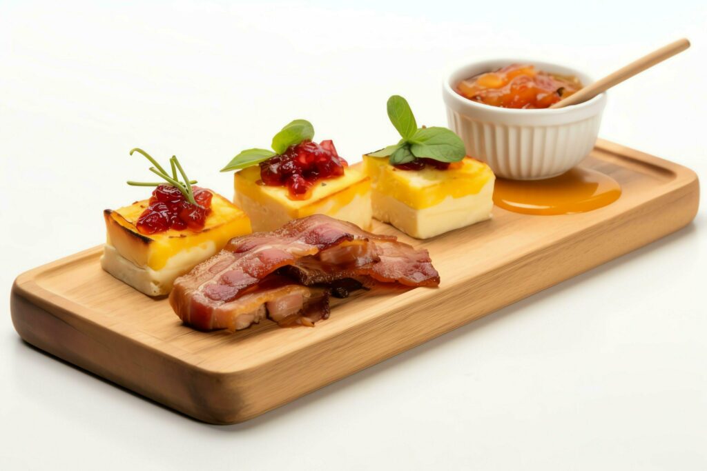 Pork belly braaivleis with mango and chili sauce served on a wooden plank. Restaurant food concept by AI Generated Stock Free