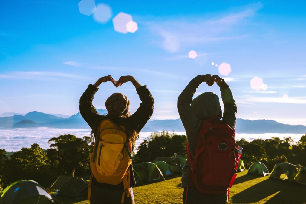 Young couple Camping Hiking Journey Travel Trek Concept, Holiday travel, Travel relax, Natural Touch countryside, in Thailand. Stock Free