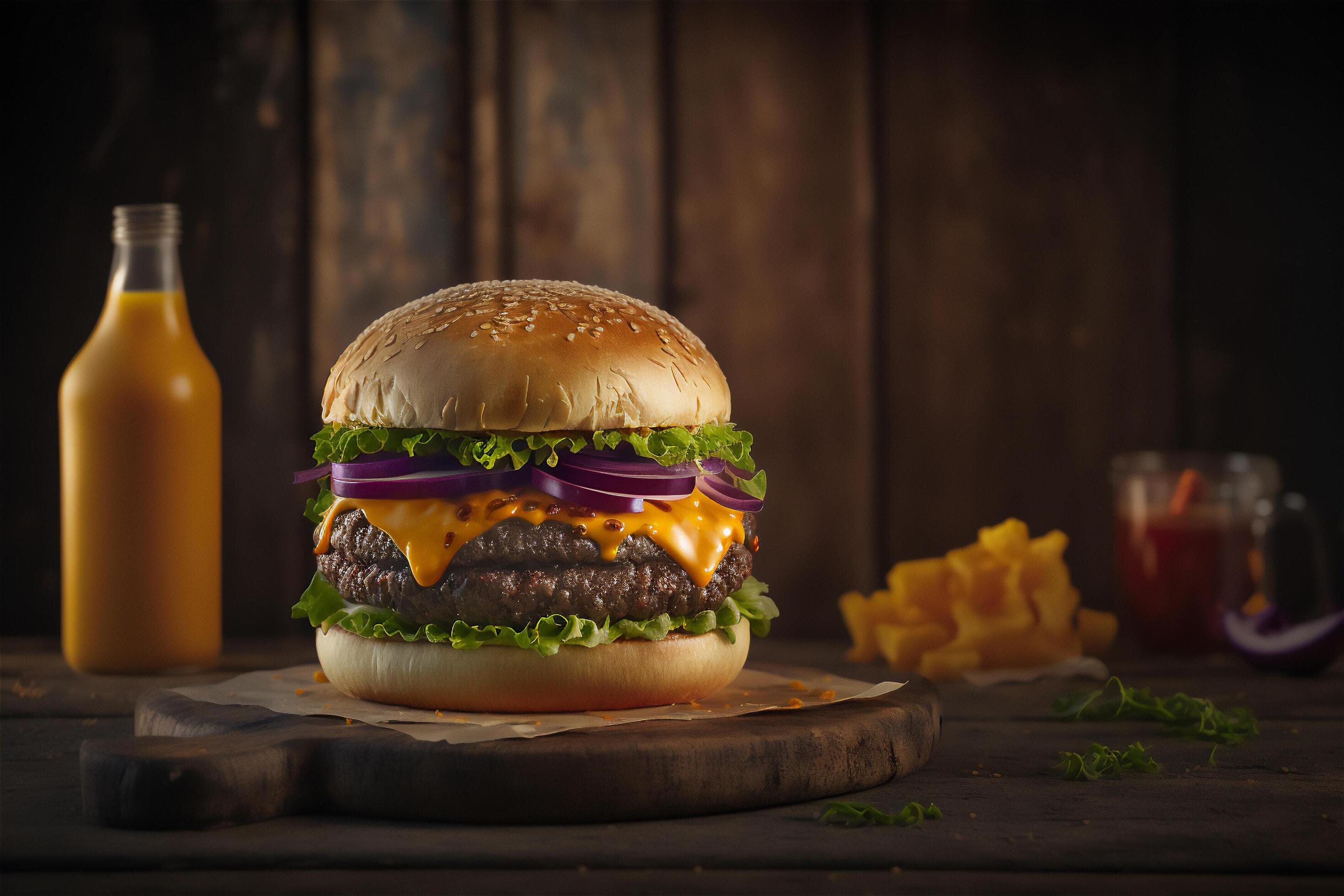 Tasty homemade hamburger on rustic wooden table. Copy space. Advertising. . Fast food snack Stock Free