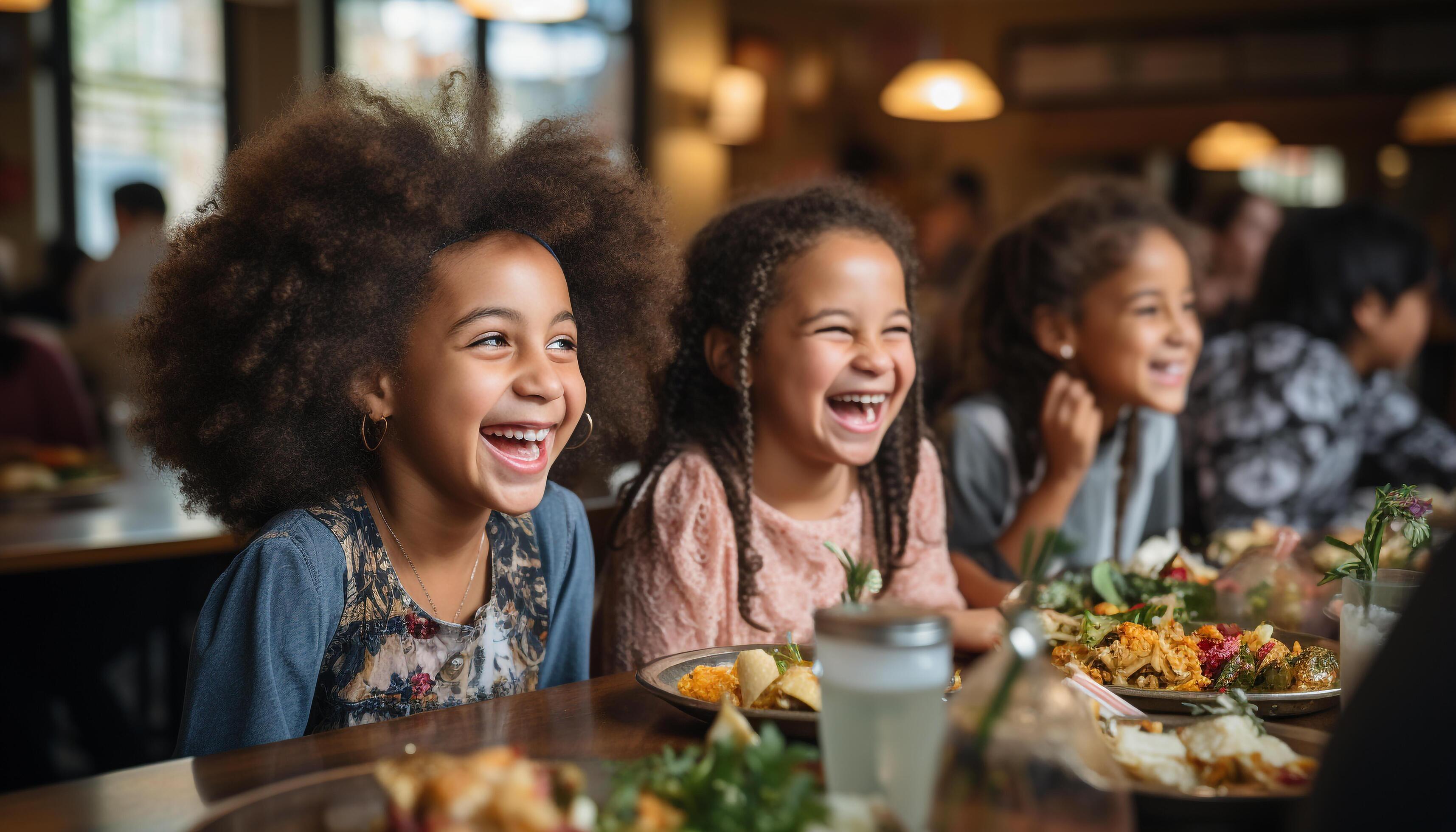 AI generated Smiling child enjoys food, sitting with cheerful family indoors generated by AI Stock Free