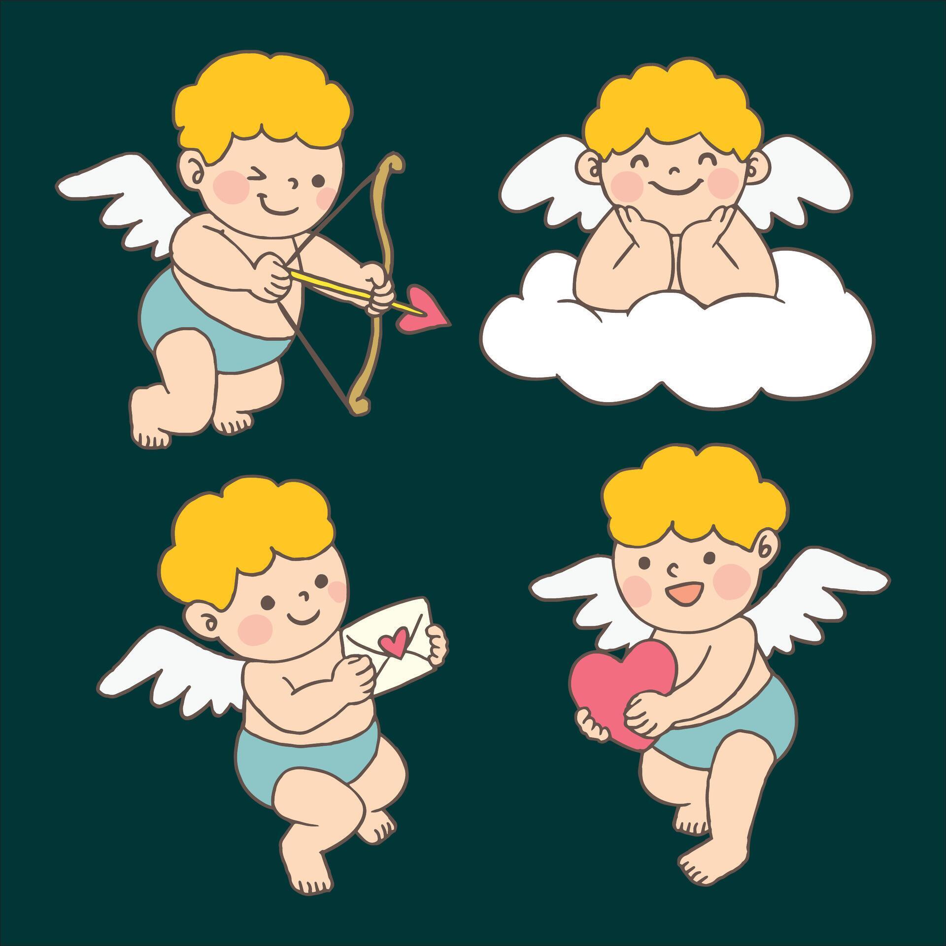 cute cupid cartoon set of four cartoon cupid with bow and arrow, heart, and Stock Free