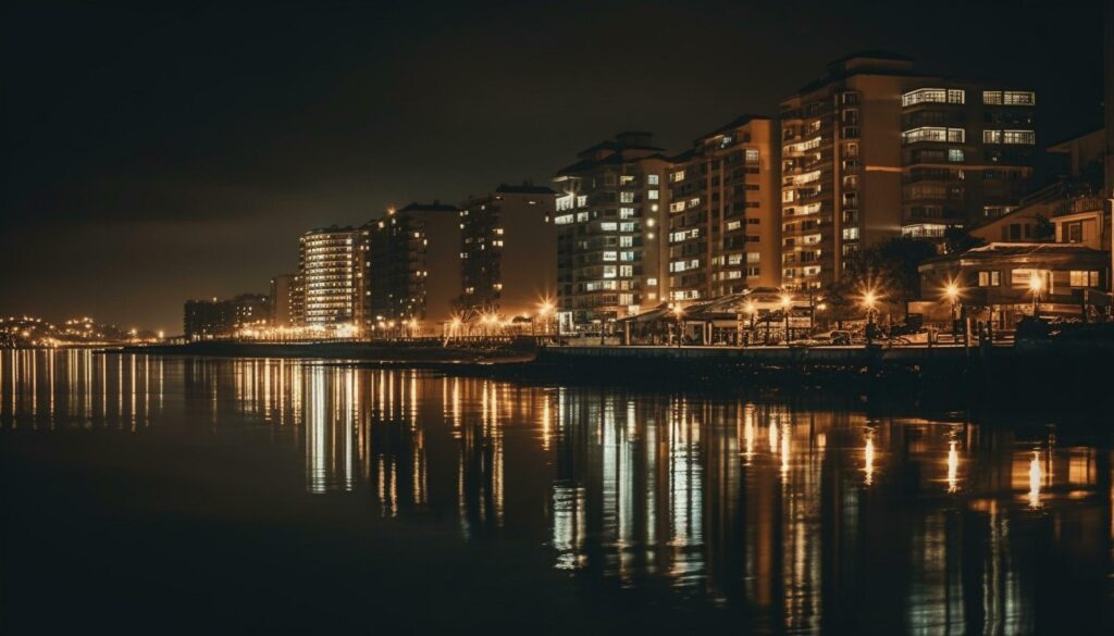 The city skyline reflects on the water at dusk generated by AI Stock Free