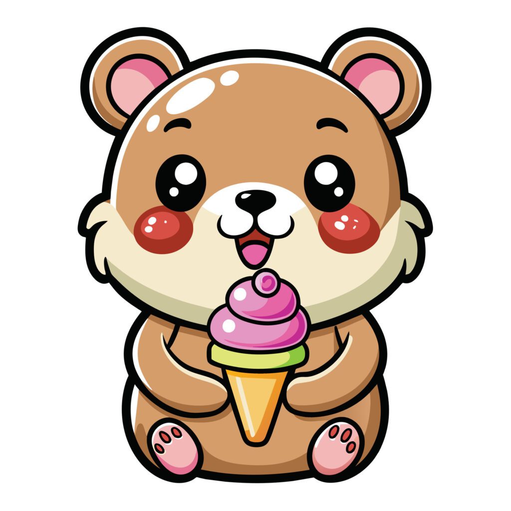 a cute kawaii bear eating ice cream, with clean black outlines, white background Free Vector