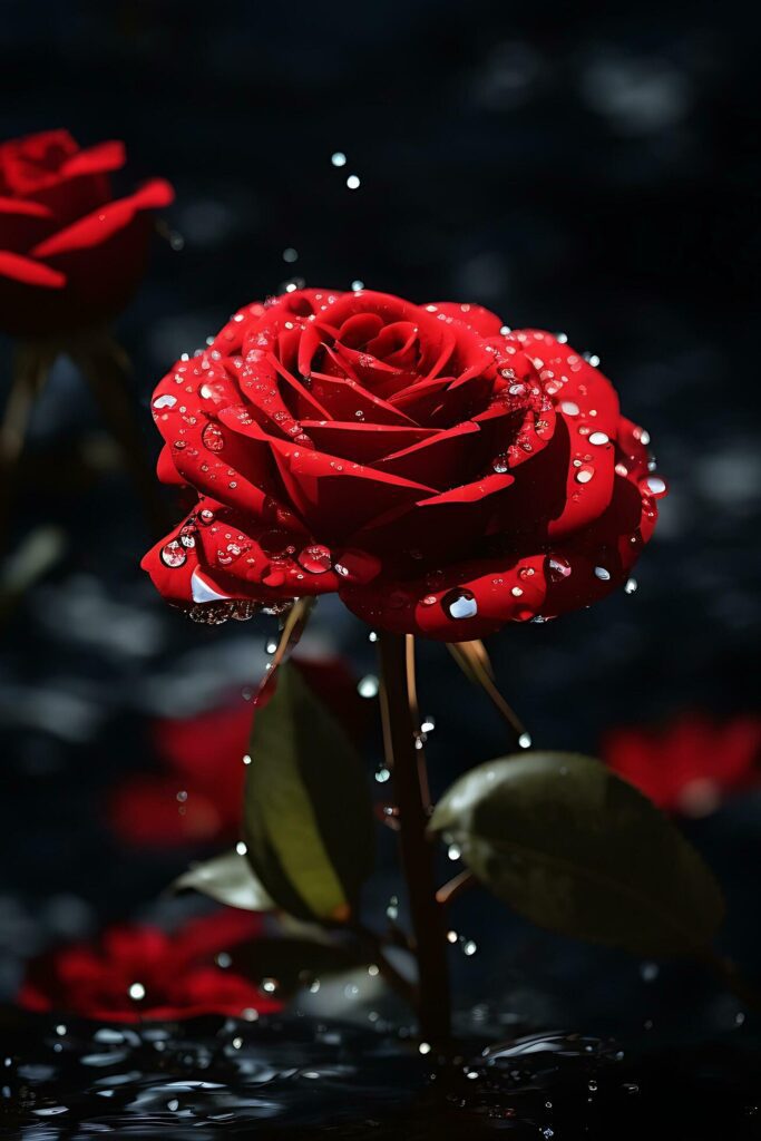 A Red Rose Flower With Water Drop In Dark Theme Generative Ai Stock Free